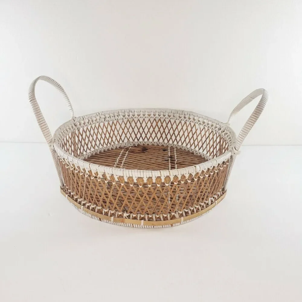 Round Basket w/ Handles White Accents Woven Rattan Wicker Rattan Wall Art